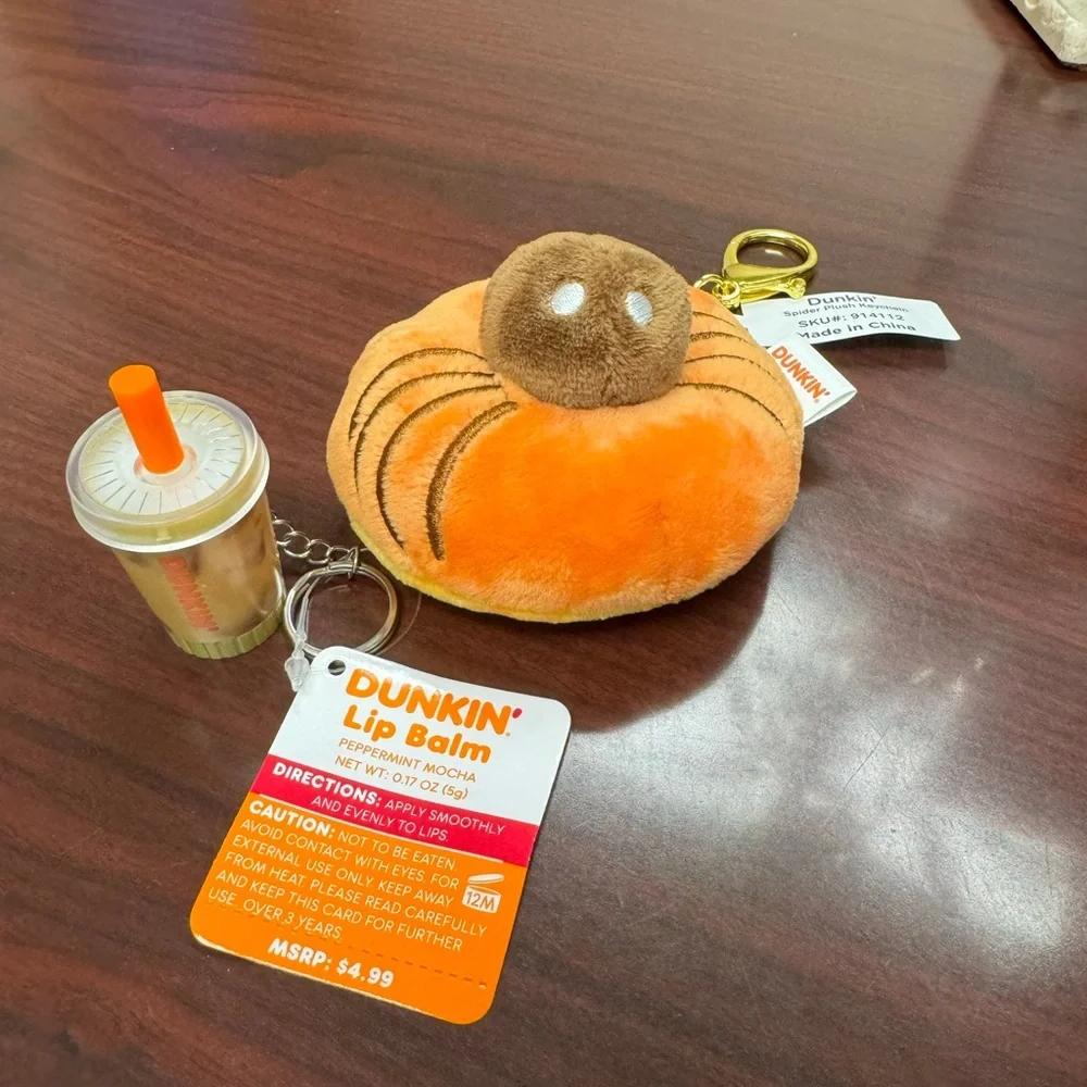 Dunkin’ Donuts, plush spider, donut keychain, and lip balm coffee cup. NWT - Picture 1 of 6